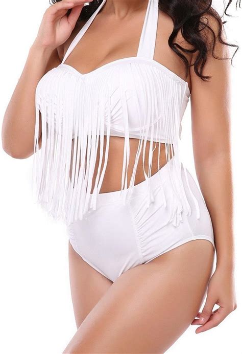 Zando Womens Plus Size High Waist Fringe Bikini Retro