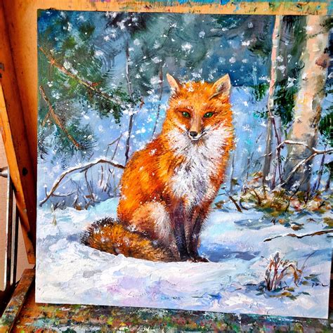 Fox Oil Painting Original Painting Animals Art Winter Forest Etsy