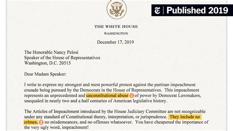 read trump s letter to pelosi protesting impeachment the new york times