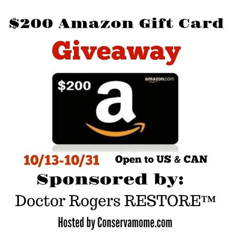 Amazon gift card code offers instant discounts and offers over 10cr+ products. Welcome to the $200 Amazon Gift Card Giveaway Who could use Dr. Roger's RESTORE? I know I could ...