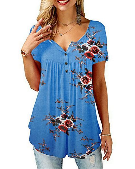 Wsevypo Womens V Neck Floral Tee T Shirts Short Sleeve Blouse Loose