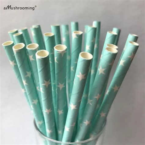 25 Pieces Solid Light Blue Straw With Stars Party Paper Straws Wedding
