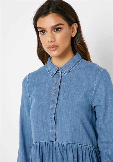Buy Only Blue Tiered Denim Shirt Dress For Women In Mena Worldwide