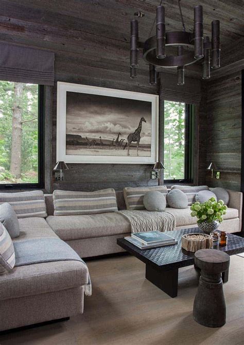 Modern interior design emphasizes strong lines, a lack of ornamentation and minimal texture; Dreamy rustic-modern lake house with sweeping vistas of ...