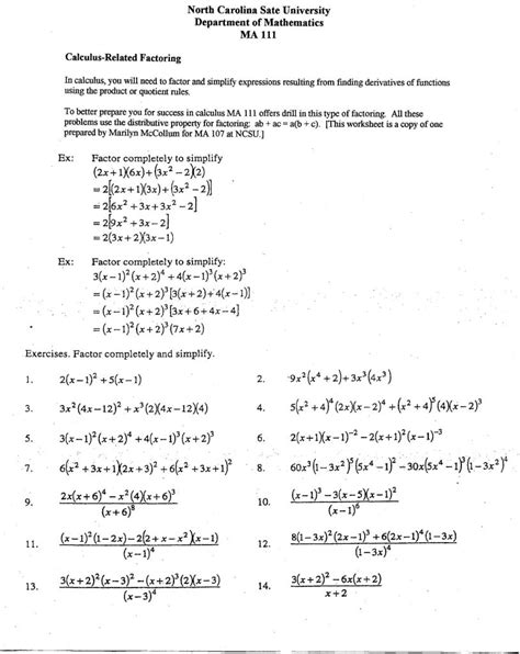 The worksheet variation number is not printed with the worksheet on purpose so others cannot simply look up the answers. Calculus Related Factoring - Printable