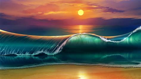 Download Wallpaper 1920x1080 Art Sunset Beach Sea Waves Full Hd