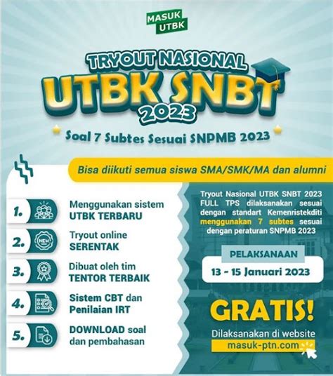 Dibuka Pendaftaran Tryout Nasional UTBK SNBT 2023 Lengkap 7 Subtes