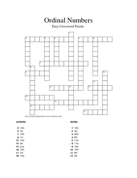 Ordinal Numbers Esl Printable Crossword Puzzle Worksheet Ordinal Images