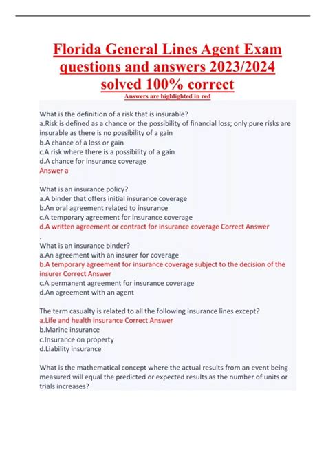 Florida General Lines Agent Exam questions and answers 2023/2024 solved