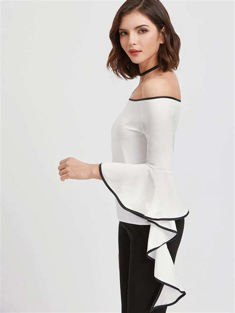 White Contrast Trim Off The Shoulder Flared Sleeve Topfor Women Romwe