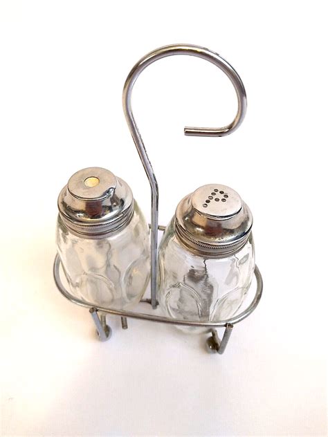 Vintage AirKo Clear Glass Salt & Pepper Shaker Set w/ Caddy Thumbprint