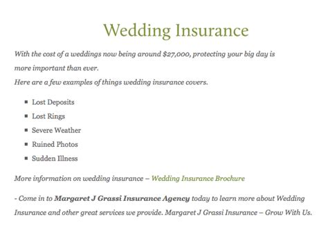 Wedding insurance — also called event insurance — can shield people from financial loss that for instance, a cancellation insurance plan that provides $175,000 of coverage costs, on average, $875. Insurance / Wedding Insurance - Margaret J. Grassi ...