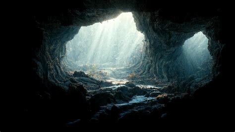 Dramatic Light In Dark Cave Landscape Mysterious And Surreal Digital