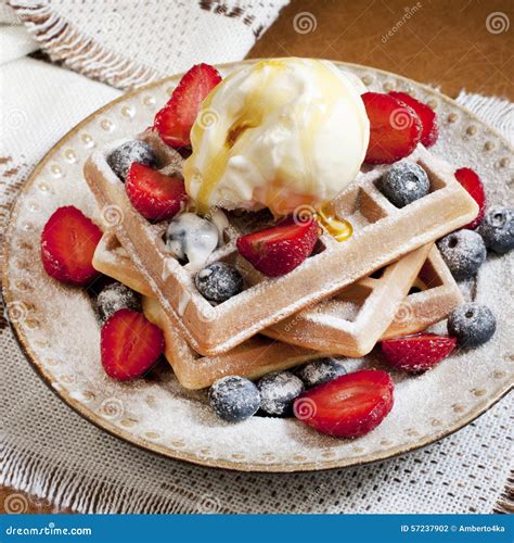 Belgian Waffles With Ice Cream And Fresh Berries Stock Photo Image Of