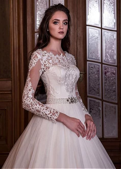magbridal graceful tulle jewel neckline a line wedding dress with lace appliques and beadings