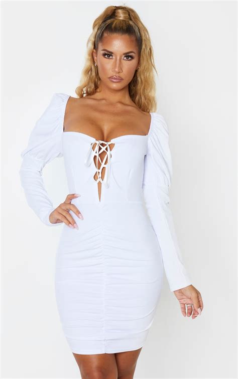 White Long Puff Sleeve Ruched Bodycon Dress Prettylittlething Usa