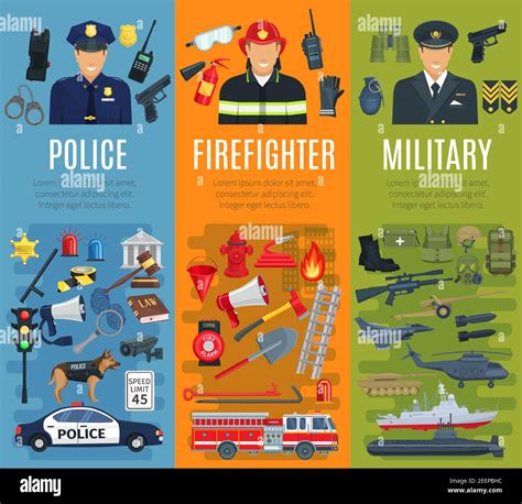 Police Firefighter And Military Profession Banner Set Policeman