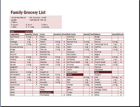 Grocery List Template Excel Sample Excel Templates Vrogue