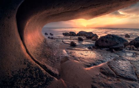 Wallpaper Sea Sunset Stones Shore Coast Arch Cave Boulders The