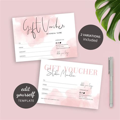 Pink Gold Watercolour Gift Voucher Diy Beauty Salon Vouchers Editable Salon Gift Card Gift