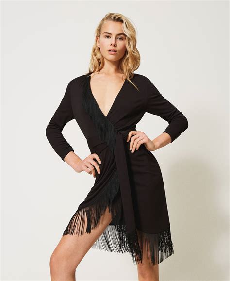 Wrap Around Dress With Fringes Woman Black Twinset Milano