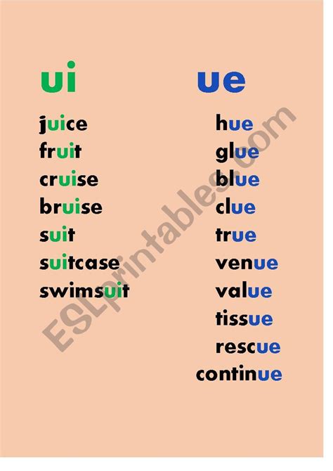 List Of Ui Ue Words Long Vowel U Esl Worksheet By Ummzz