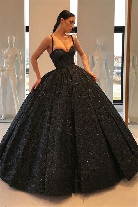 Spaghetti Straps Black Sweetheart Ball Gown Sequins Quinceanera Dress