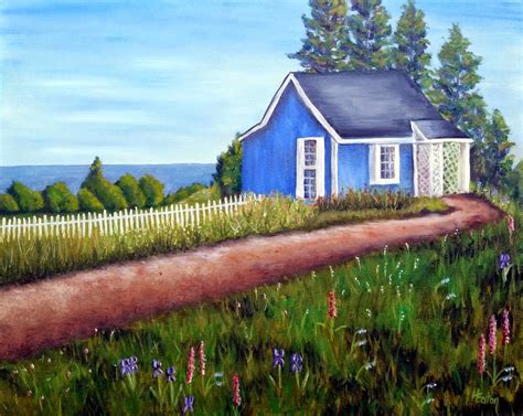 Cottage By The Sea Original Oil Painting Blue House Near The Ocean In