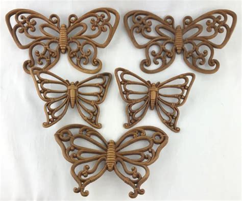 Vintage Syroco Homco Butterflies Wall Decor Set Of 5 Wood Grain Plastic