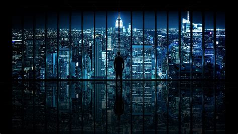 Night Gotham City Window Panels Silhouette Cityscape Reflection