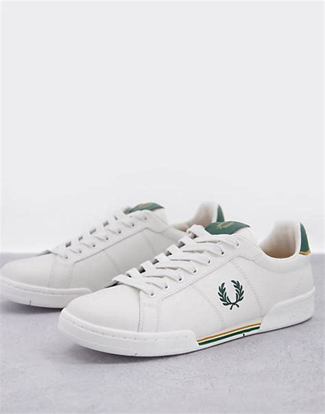 Fred Perry B722 Leather Trainers With Stripe Detail In White Green Asos