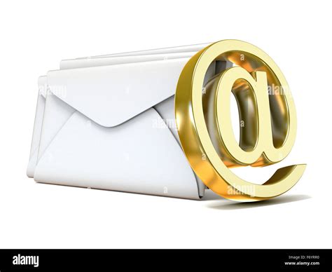 Envelopes With Golden E Mail Sign 3d Render Illustration Isolated On White Background Stock