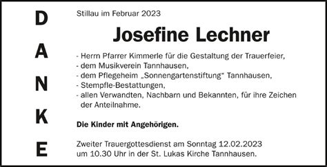 Traueranzeigen Von Josefine Lechner Schwaebische De Trauerportal