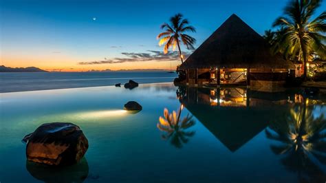 Nature Landscape French Polynesia Swimming Pool Resort Sunset