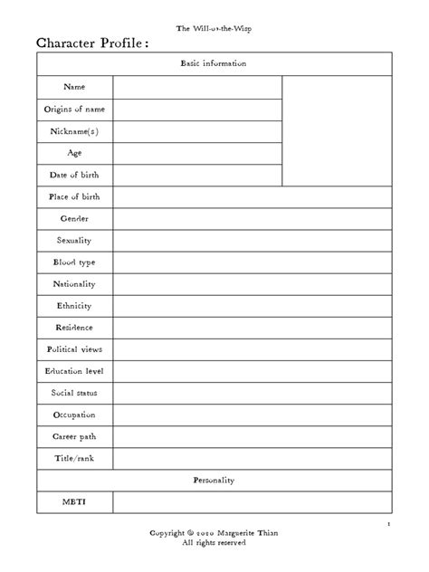 Character Profile Template Pdf Extraversion And Introversion