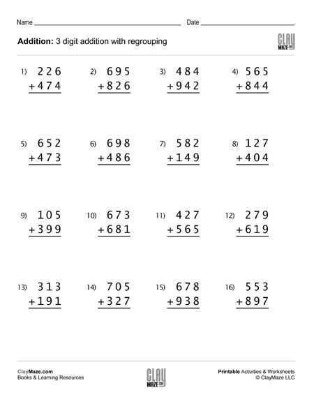 3 Digit Addition Regrouping Worksheets