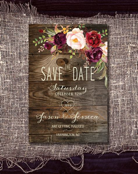 Save The Date Magnet Rustic Wood And Burgundy Plum And Etsy