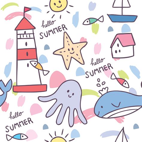 Various aquatic animals and fishes. Cartoon cute summer sea animal seamless pattern vector ...
