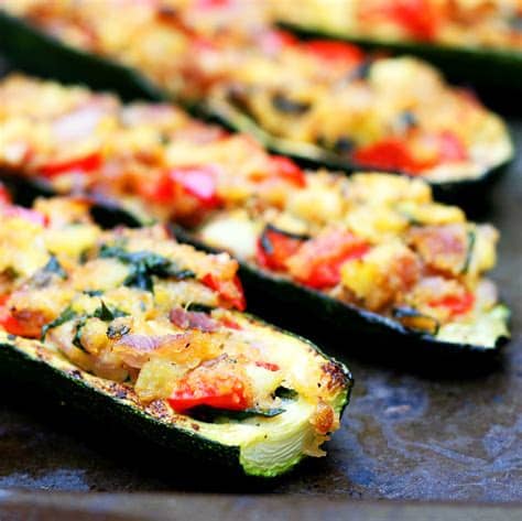 Zucchini boats loaded with lentils and sautéed baby spinach in a lightly spicy tomato sauce and covered with shredded. Stuffed Zucchini Boats - The Smart Cookie