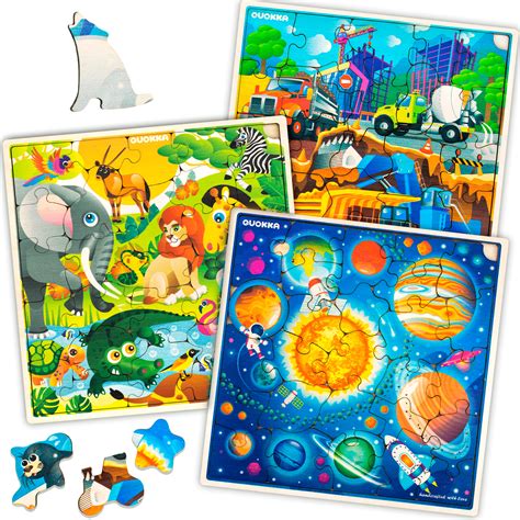 Wooden Jigsaw Puzzles for Kids Ages 4-8, 3 Puzzle Pack Toddler Learning 