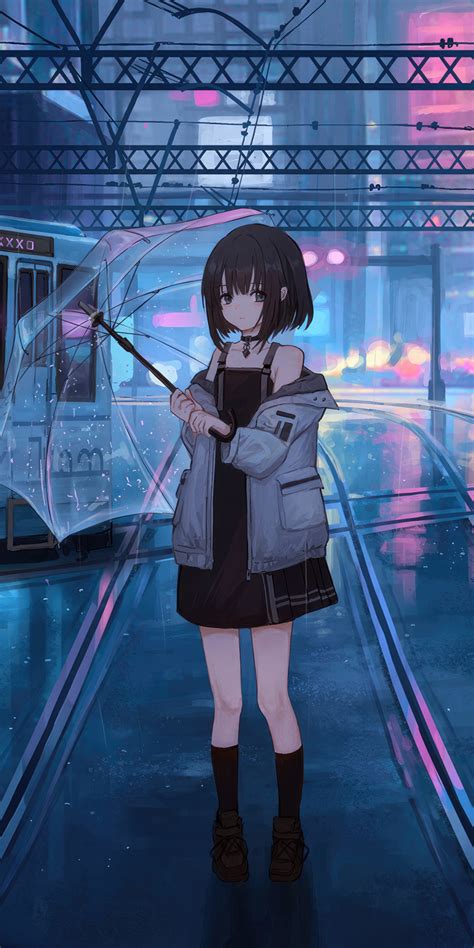 1080x2160 Anime Girl With Umbrella Under Neon Lights Tram Passing By