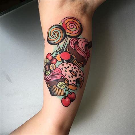 Traditional Style Sweets Tattoo On The Right Bicep Candy Tattoo