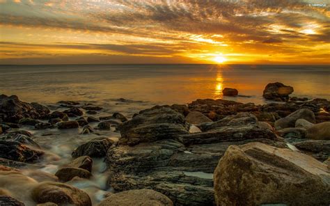Morze Zachód Słońca Kamienie Niebo