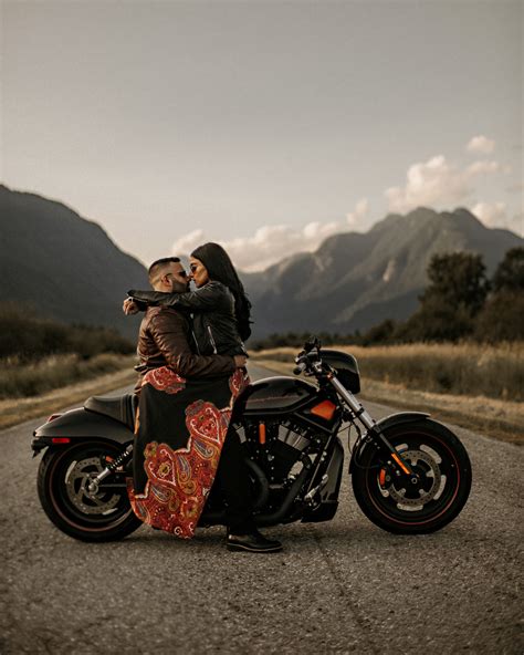 edgy vancouver couple takes harley motorcycle for a spin at engagement session by… motorcycle