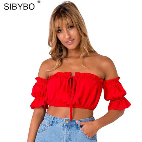 sibybo off shoulder tank top women 2017 summer sexy lace up short crop top casual loose ruffles