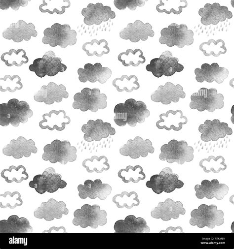 Cute Watercolor Clouds With Rain Seamless Pattern With Watercolor