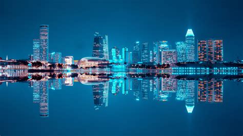 Cityscape Cidade Com Reflecção Na água Noite Wallpaper Desktop