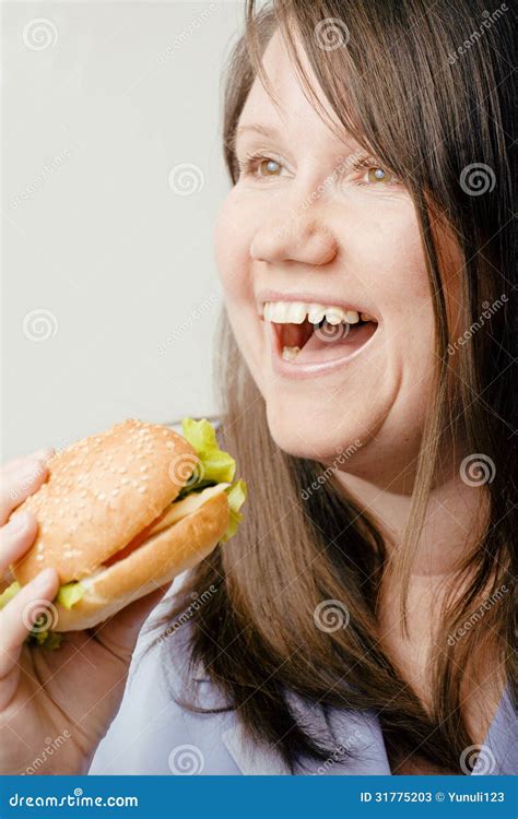 Fat White Woman Having Choice Between Hamburger And Salad Stock Image Image Of Casual Passion