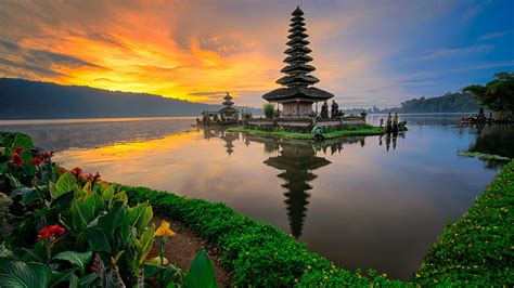 temple in water with reflection bali indonesia pura ulun danu bratan during sunset hd travel