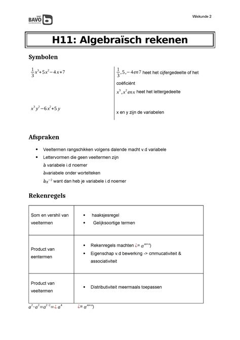 H Definities Sjabloon Wiskunde H Algebra Sch Rekenen Symbolen X X X